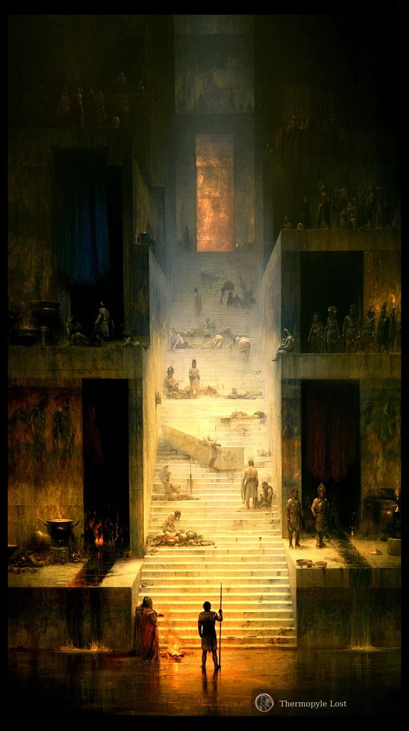 Small figures approach a distant light within the monumental silence.