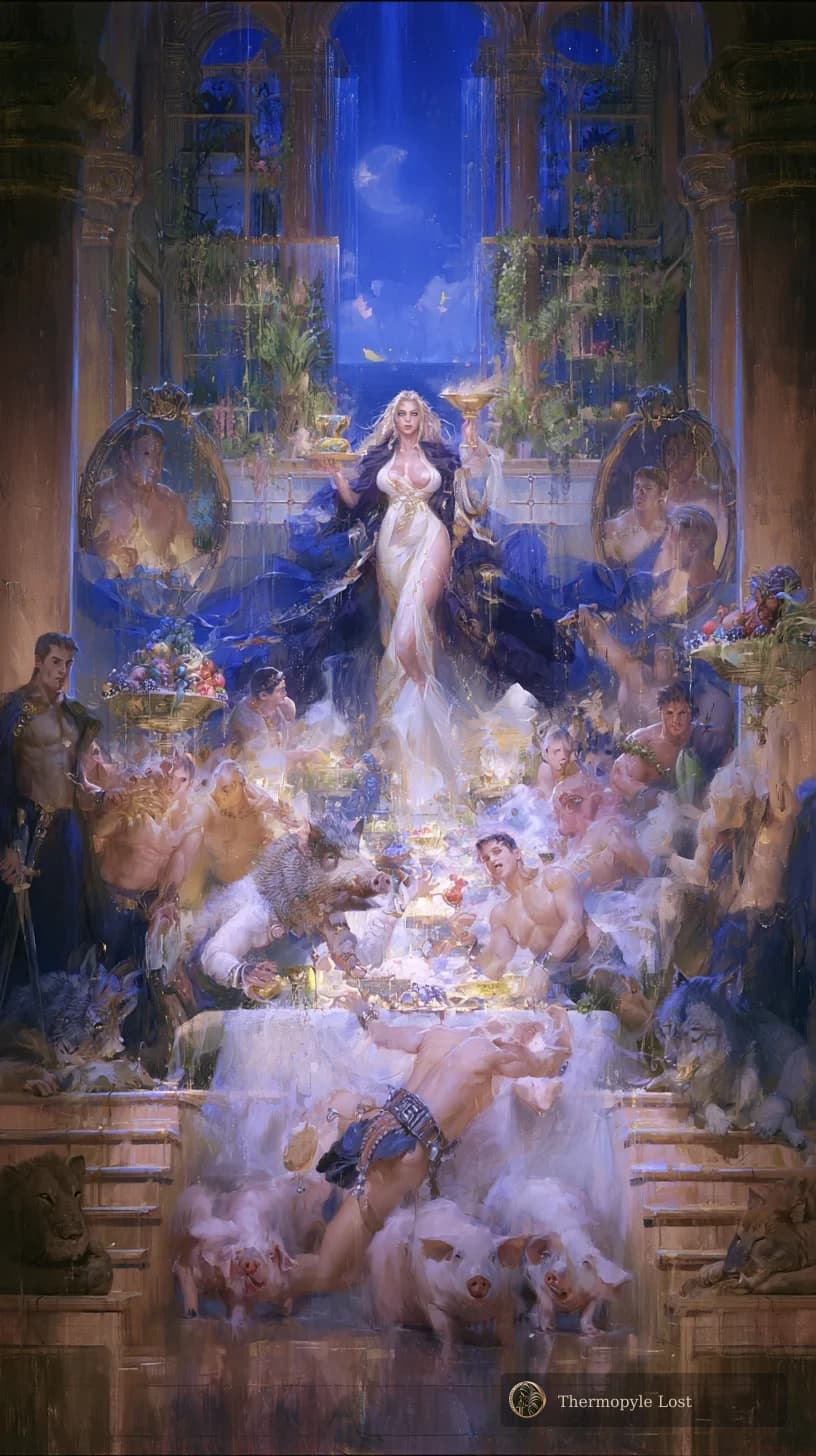 Faces, mirrors and animals mingle in the warm light of an enchanted hall.