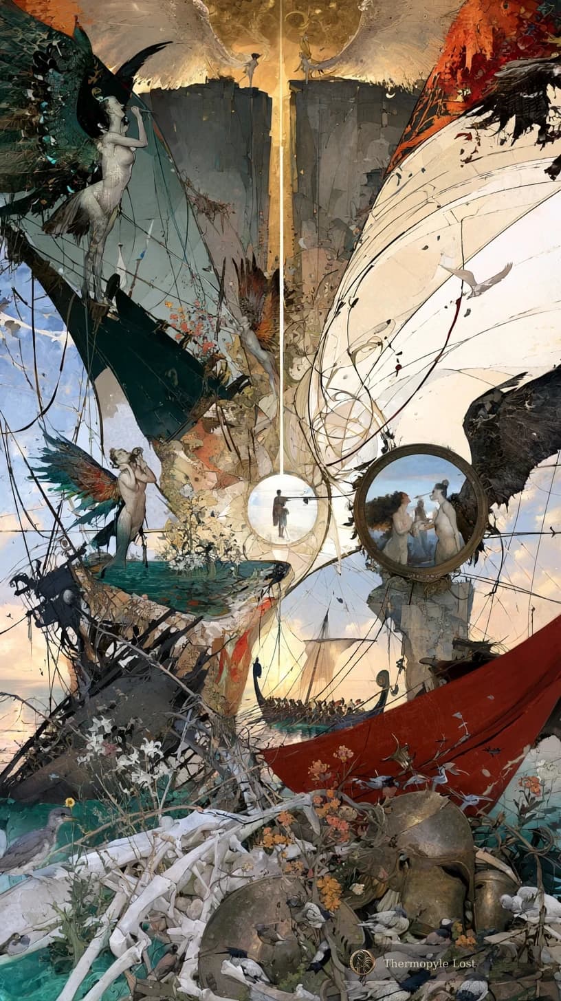 Wings, mirrors and ruined sails assemble a beautiful world of lost voyages.
