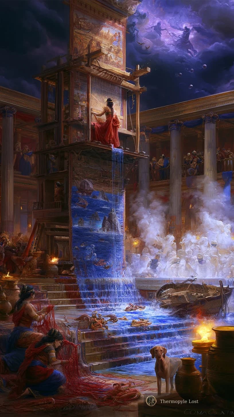 Penelope at a towering loom, with the painted sea flowing through an ancient palace