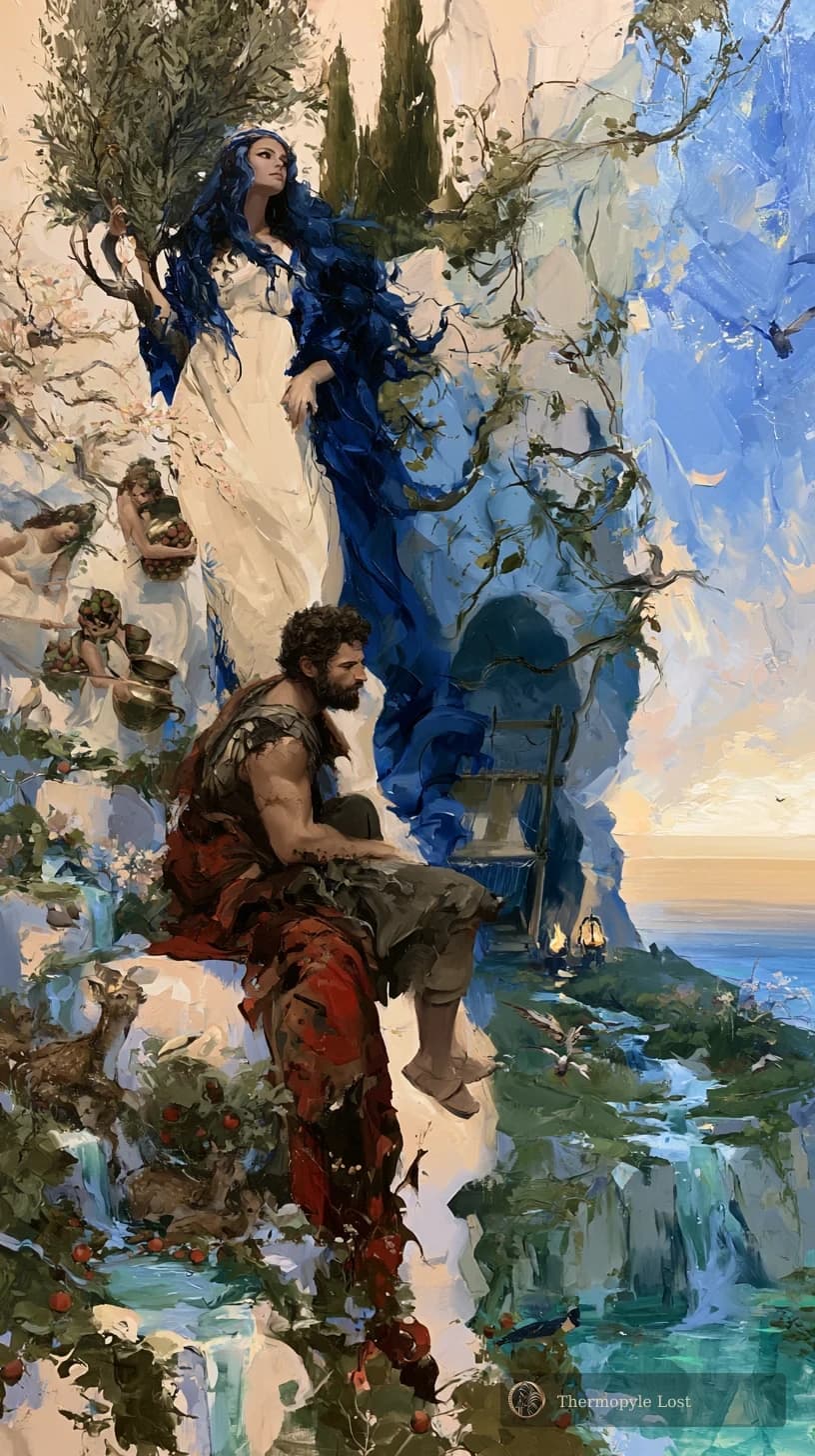 The garden holds him close while the distant sea keeps calling.