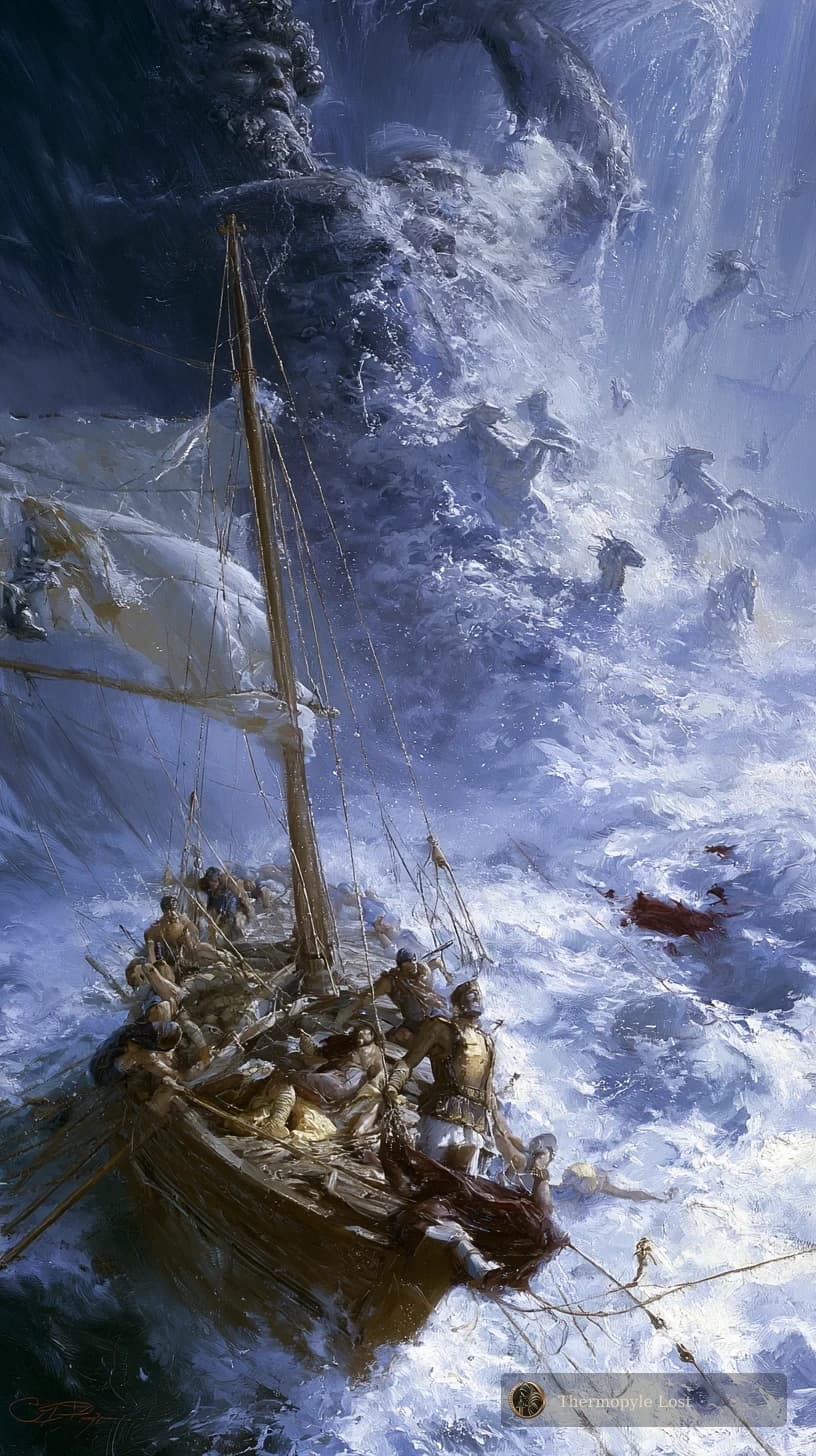 A fragile vessel passes beneath the immense presence of the sea.