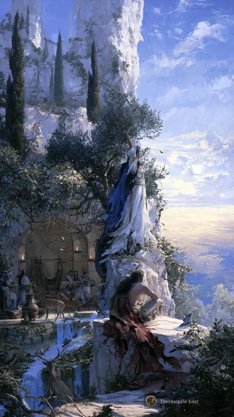 Pale cliffs and deep blue water frame the quiet distance between two figures.