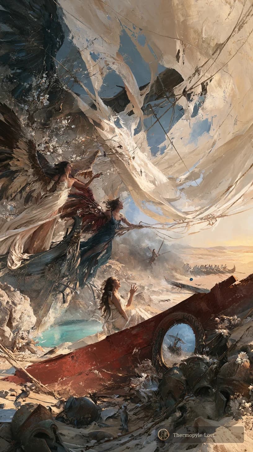 Painted wings and drifting sailcloth carry the voices across the channel.