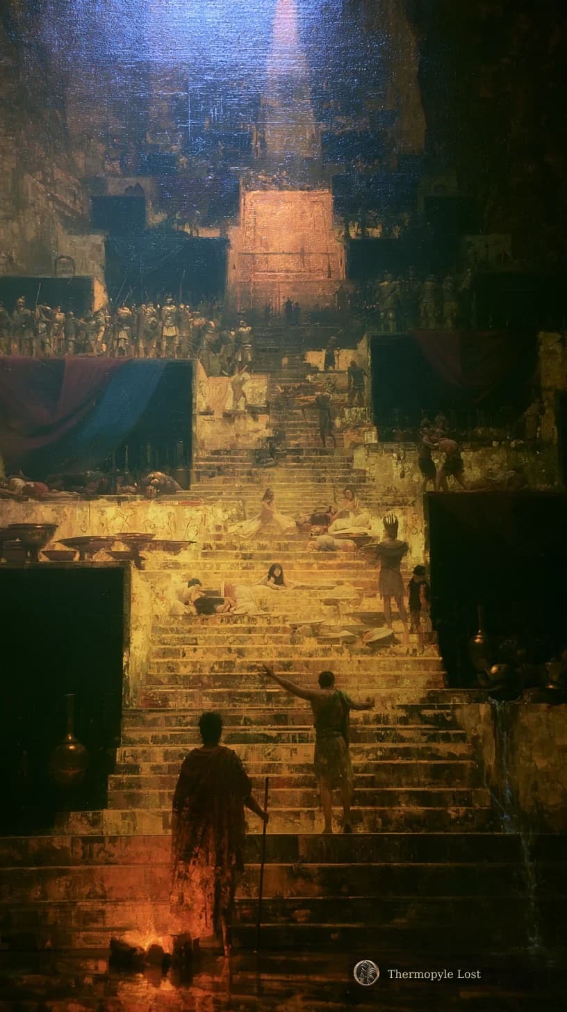 Countless lives gather along a stairway disappearing into shadow.
