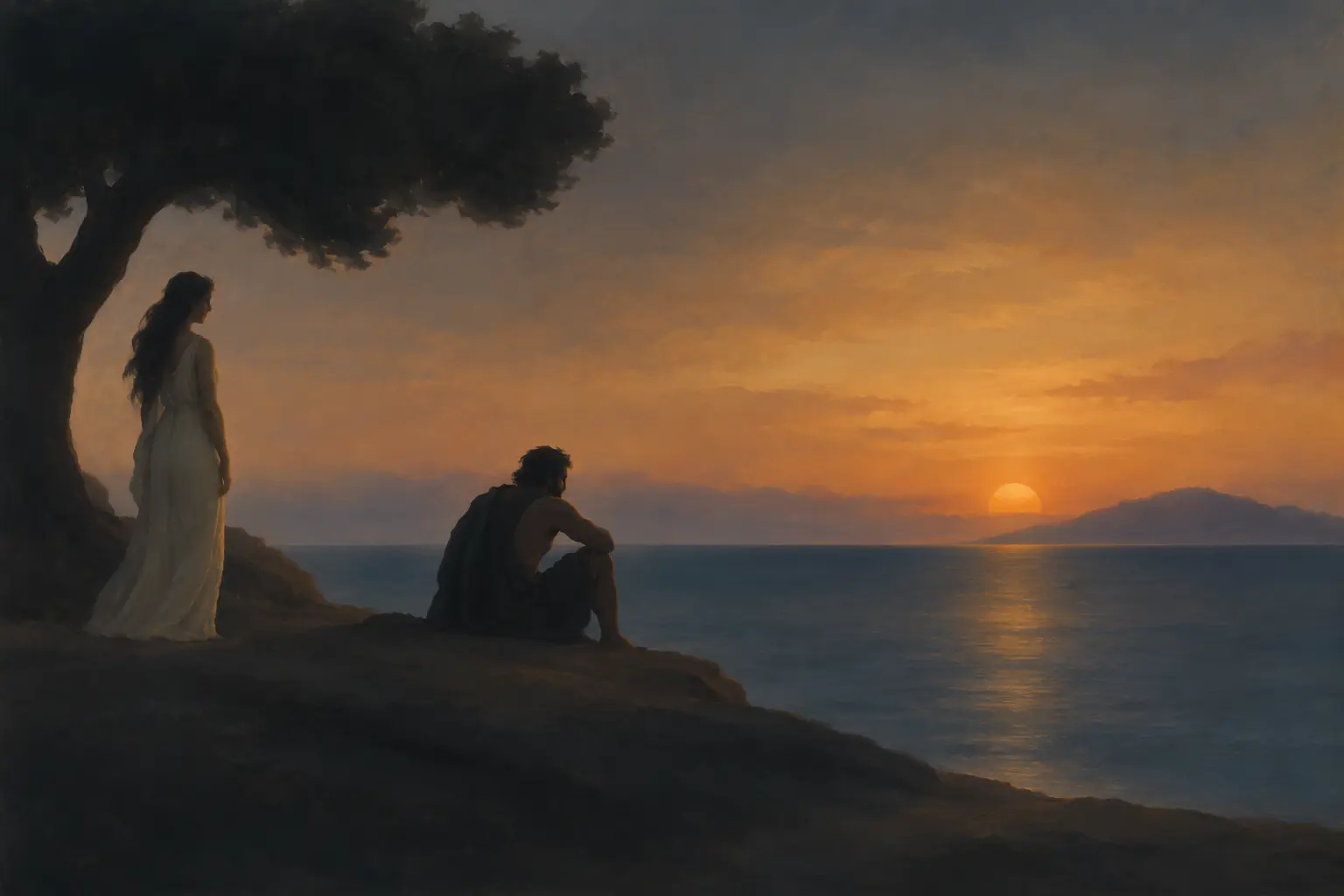 Odysseus sits alone beside still green water while Calypso watches from the cedar trees behind him.
