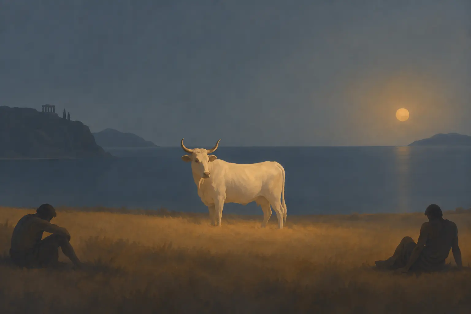 A pale long-horned cow stands in sunlit grass while hungry sailors watch from the sparse shade of an olive tree.