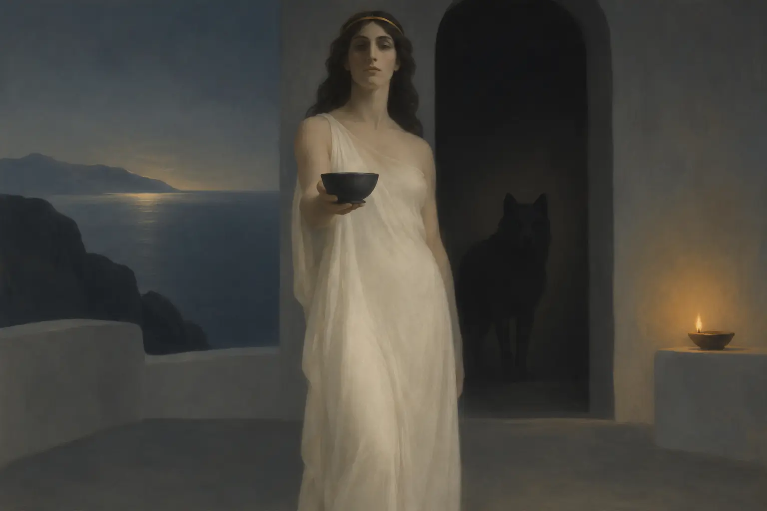 Circe offers a clay cup across a lamplit table while a grey wolf watches from the shadowed doorway.