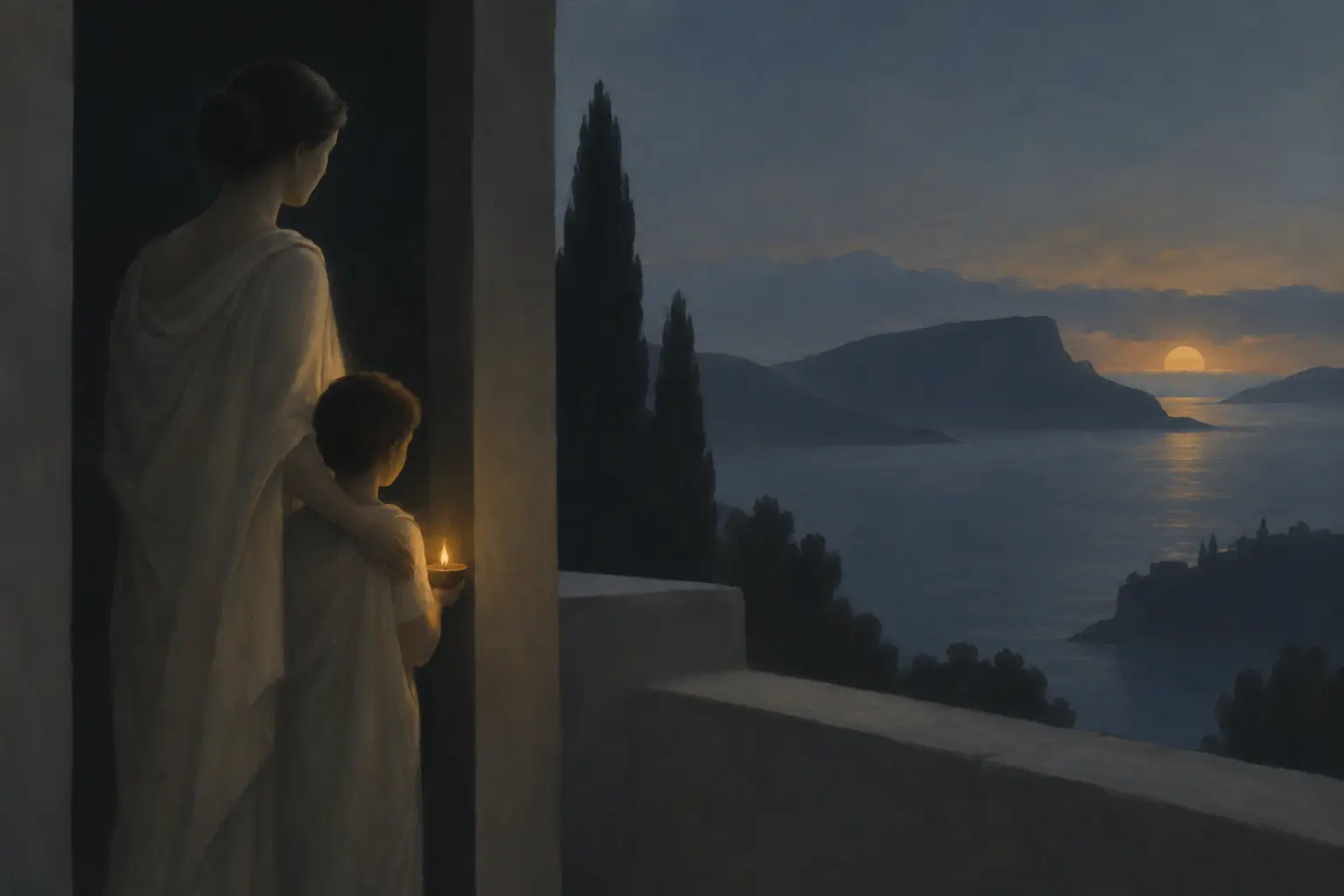 Penelope and a young boy wait in an Ithacan doorway beside a small oil lamp, with olive branches and the sea beyond.