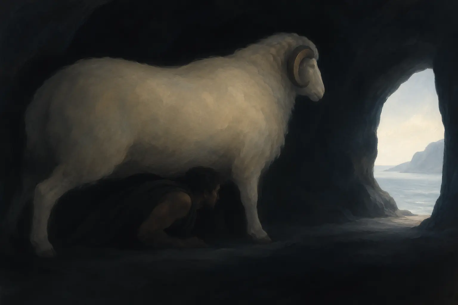 Odysseus conceals himself beneath a ram's wool as pale dawn light enters the dark stone cave.