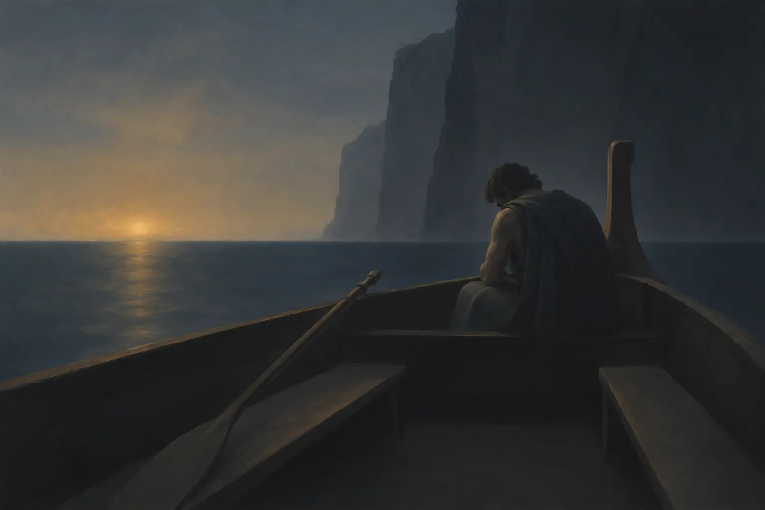 Odysseus sits in silence among empty rowing places as his vessel leaves a dark, narrow strait.