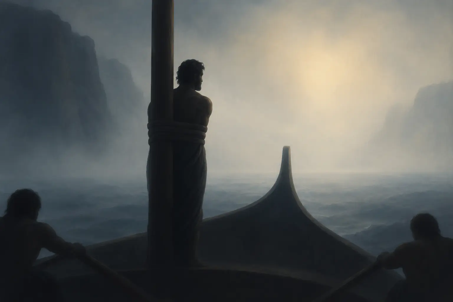 Bound to his ship's mast in white sea mist, Odysseus turns toward the unseen voices with a look of longing.