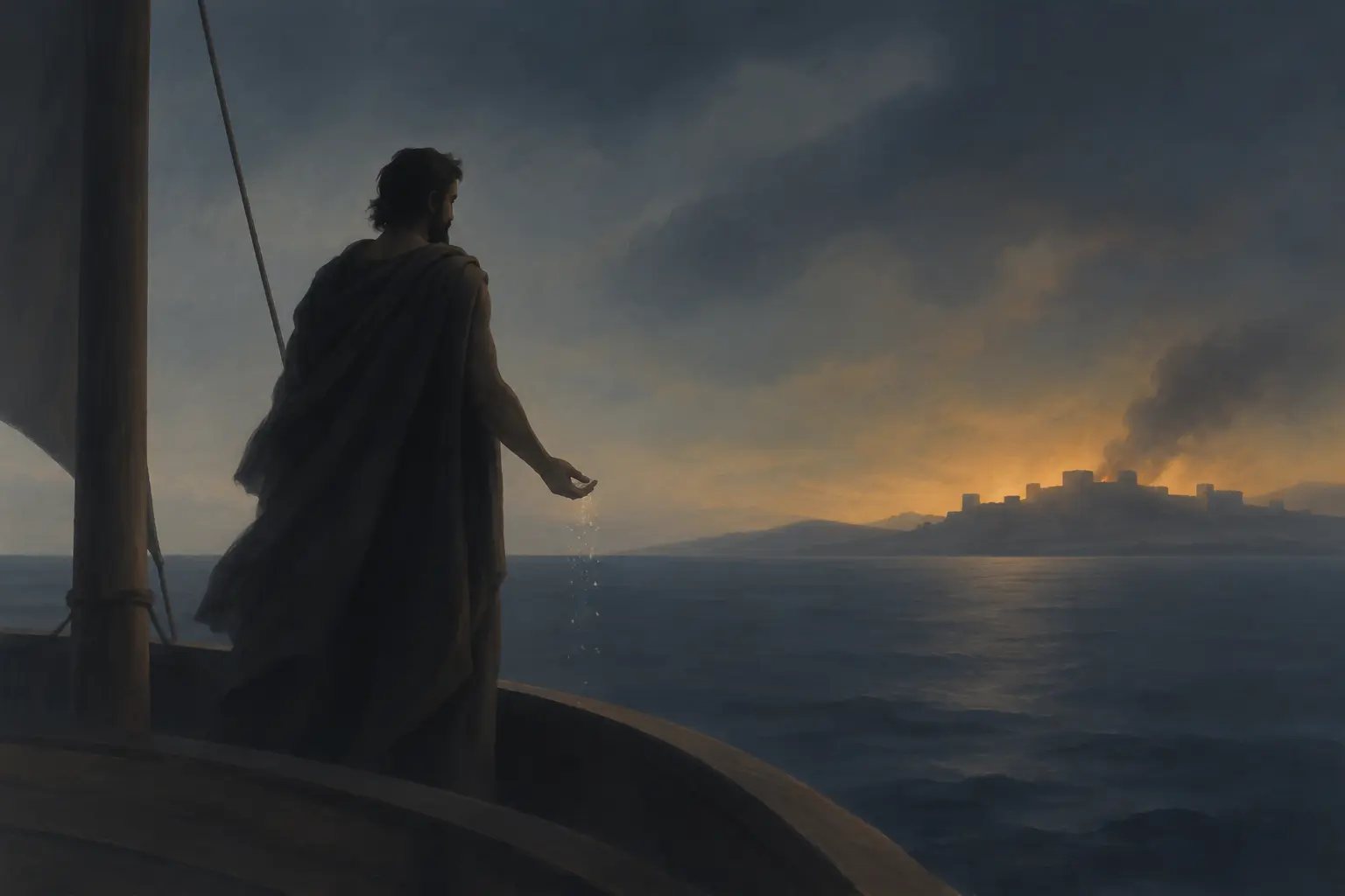 Ash-marked Odysseus stands on a departing ship with Troy's ruined harbor receding behind him.