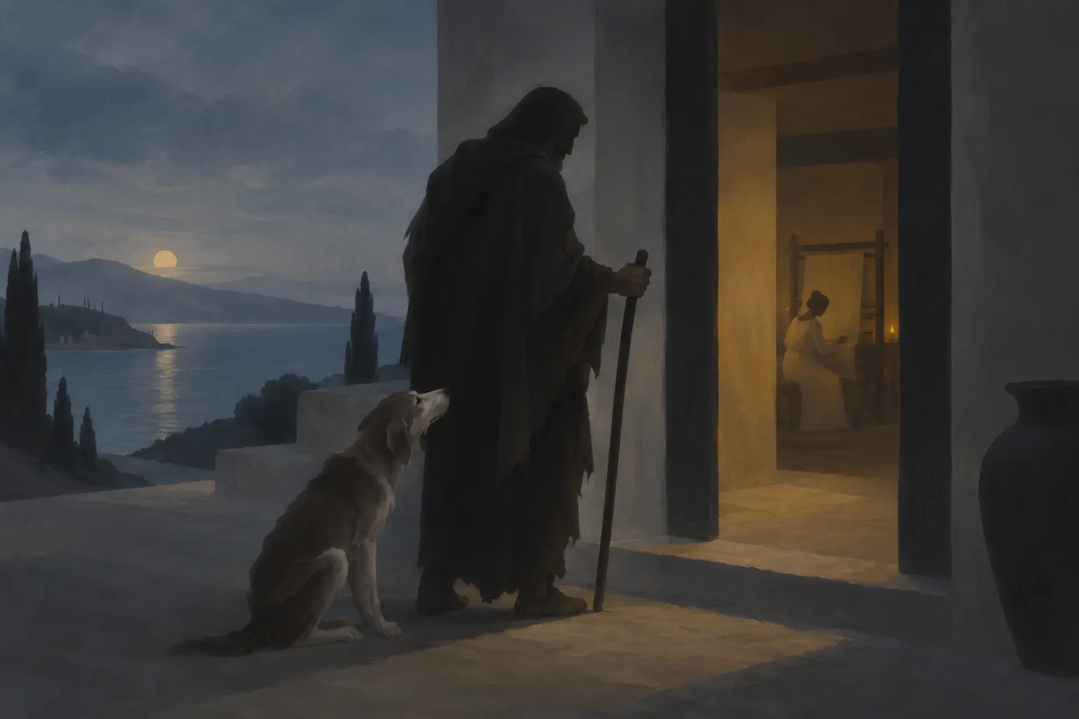 Disguised in a ragged cloak, Odysseus pauses at his own doorway as an old dog raises its head in recognition.