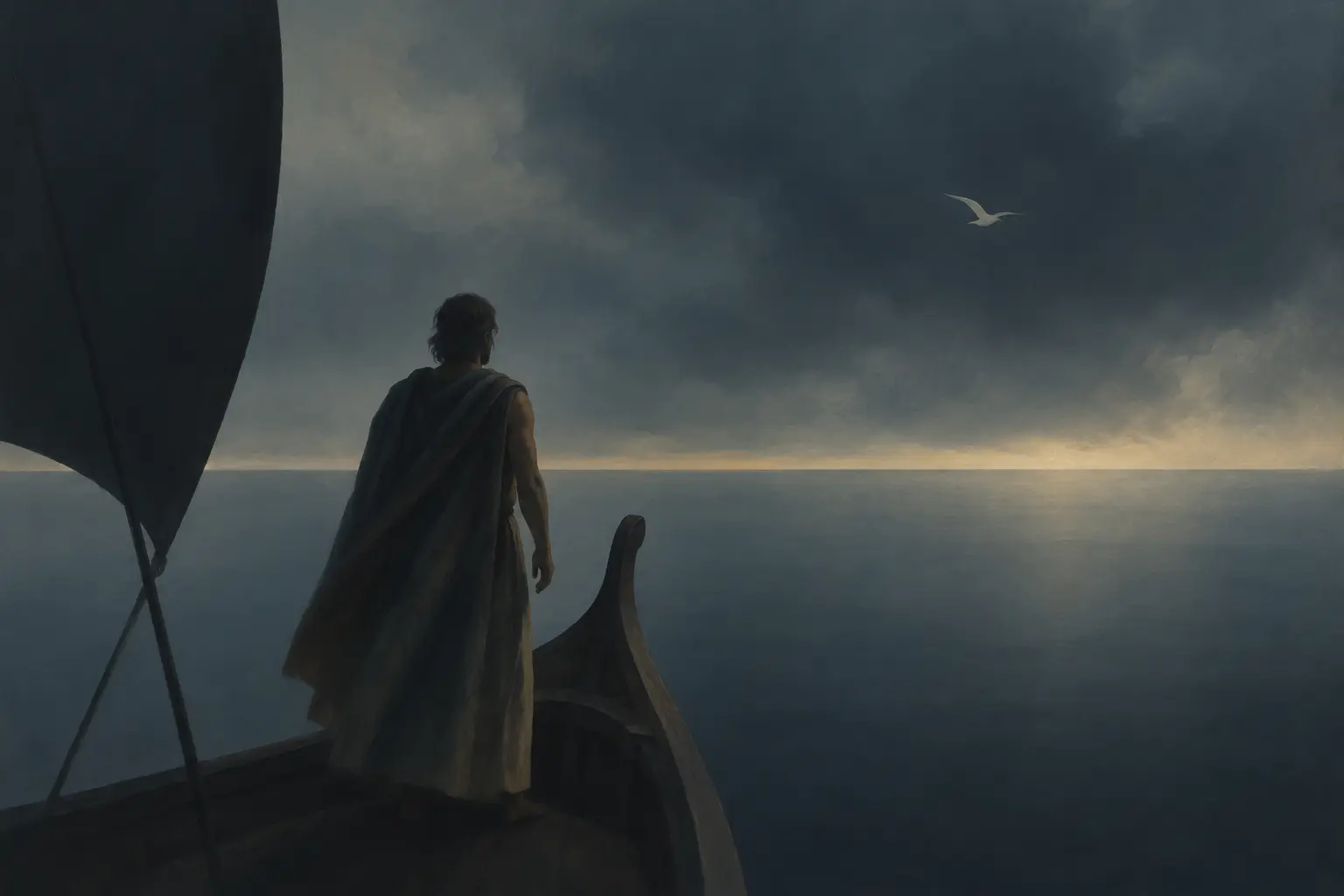 Odysseus watches a dark current beneath an eerily still sea while his ship's sail hangs slack.