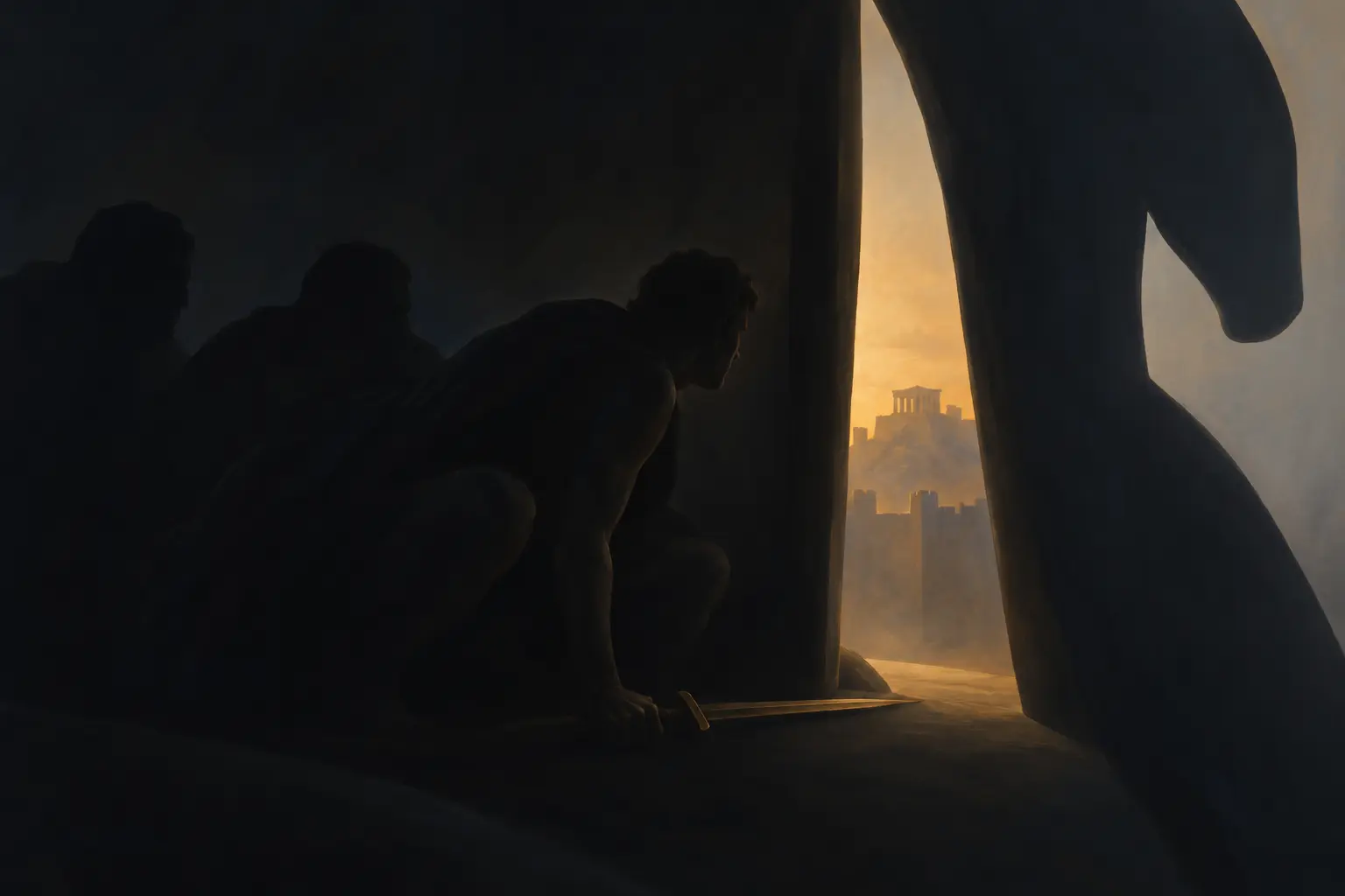 Odysseus waits in the cramped cedar interior of the wooden horse, a bronze blade resting beside his knees.