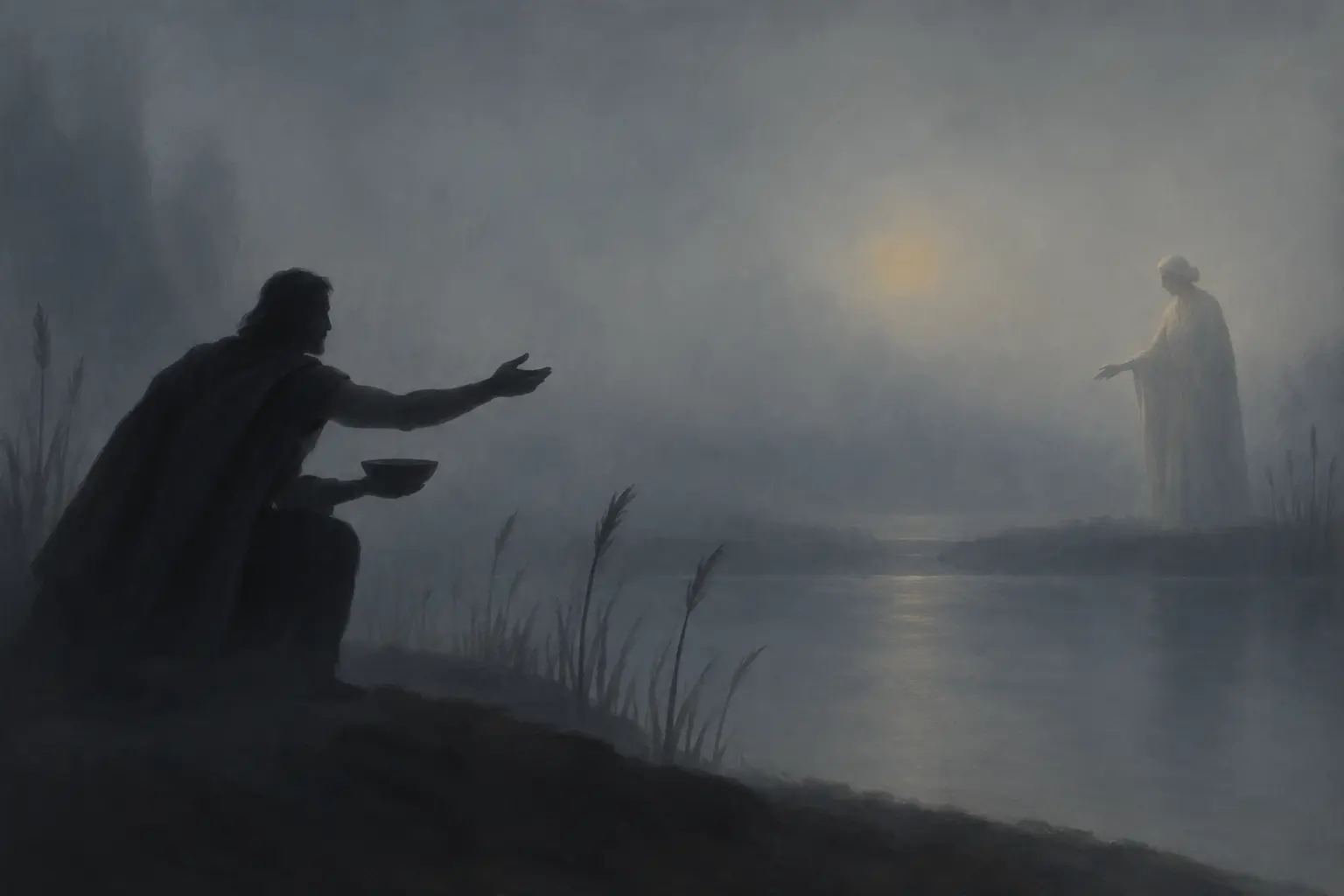 Odysseus reaches toward his mother's pale figure across mist at the edge of a sunless river.