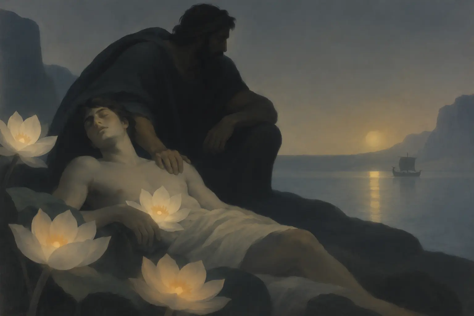 A sailor rests among ivory flowers while Odysseus crouches beside him, trying to rouse him from the island's spell.