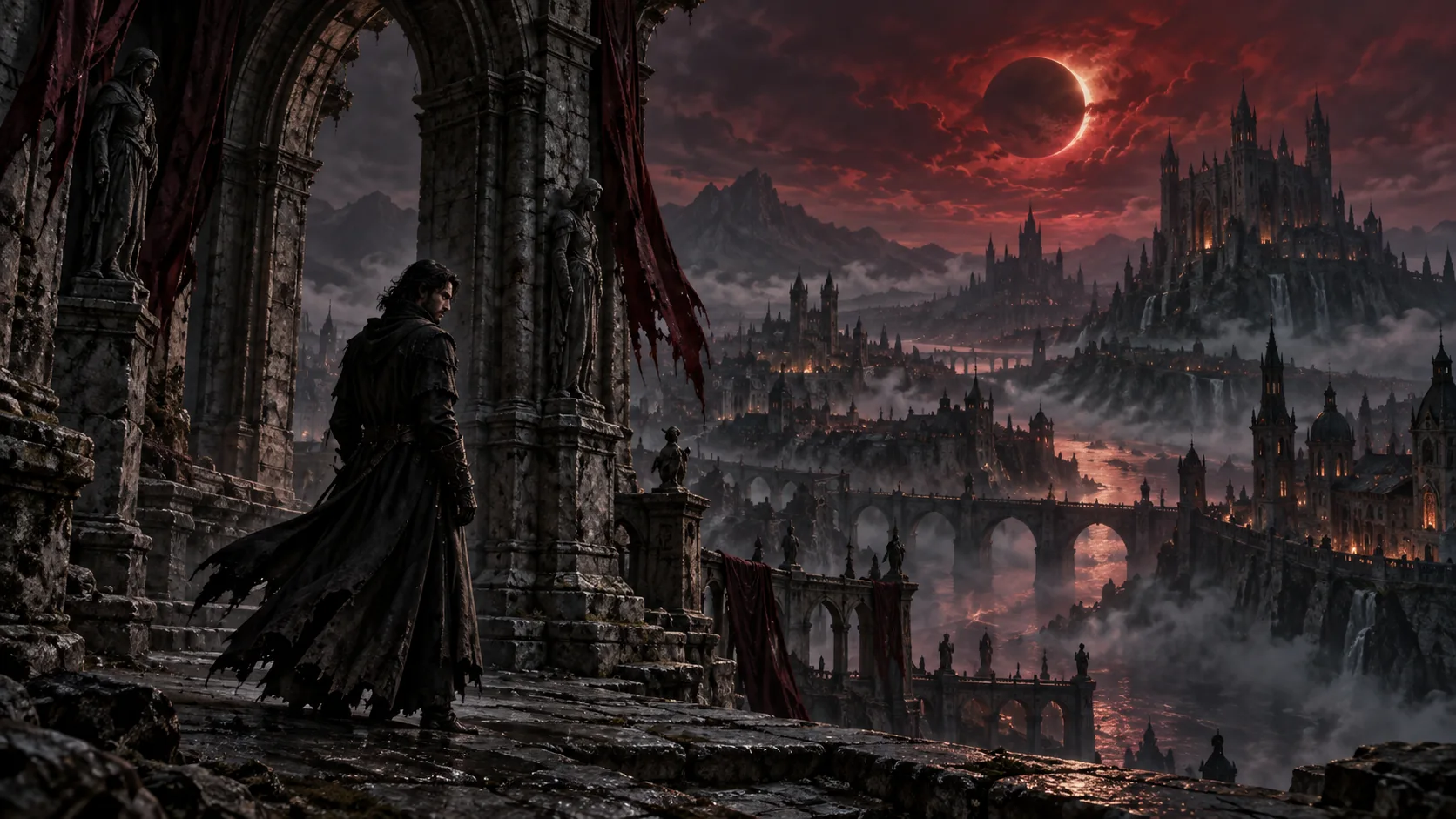 An immortal man beneath a darkened moon at the beginning of his long life