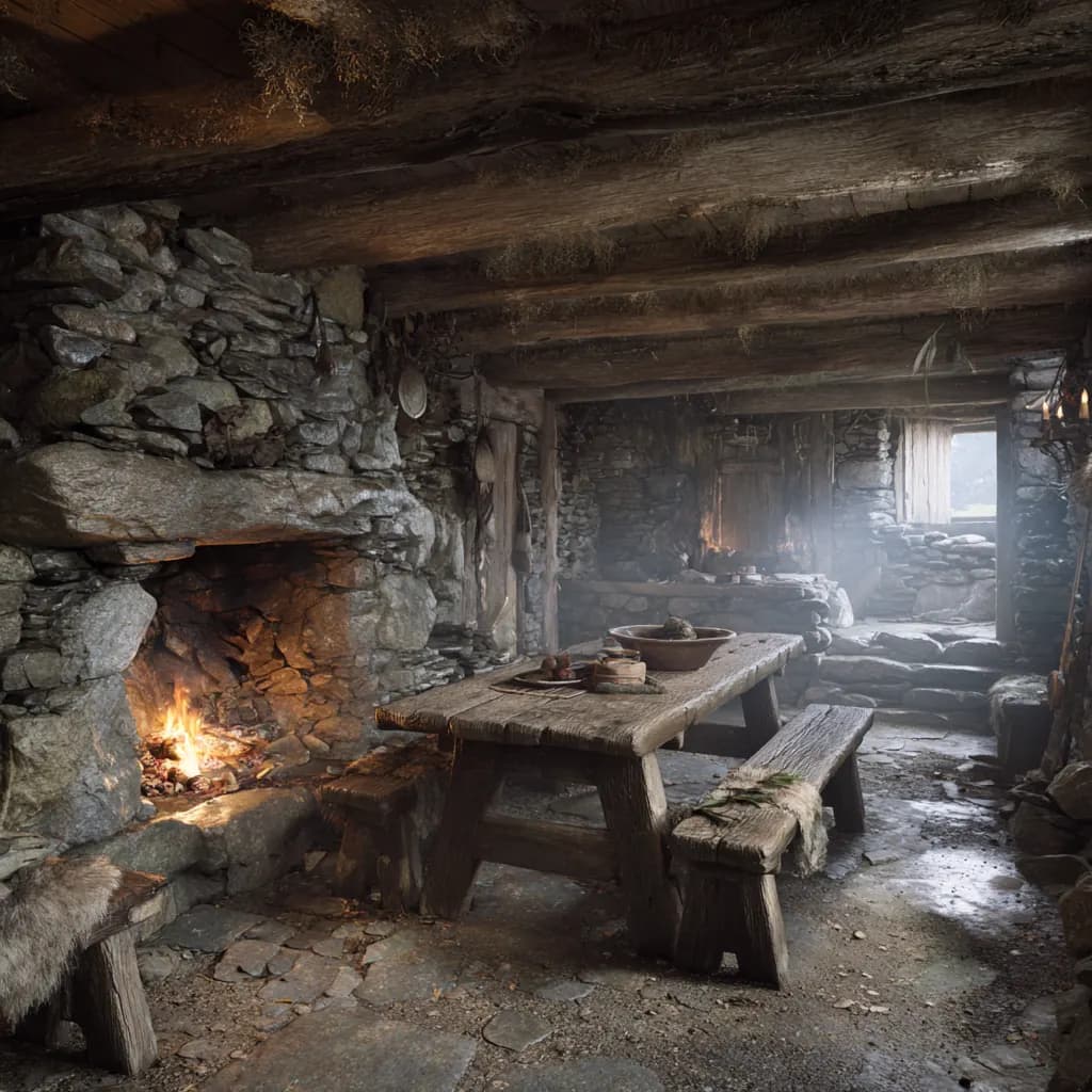 A modest stone home with a fire at its hearth