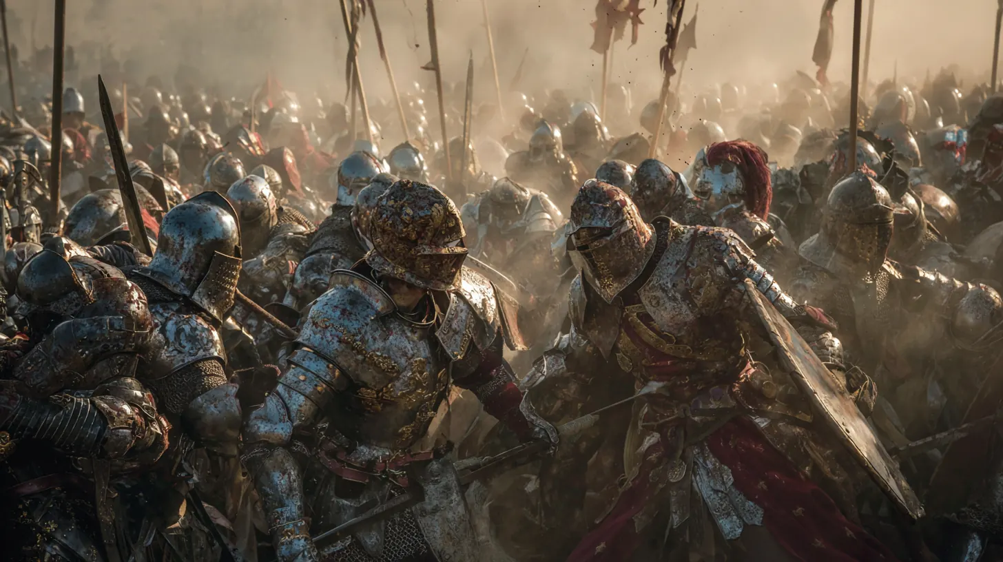 Two armies clashing amid dust and banners