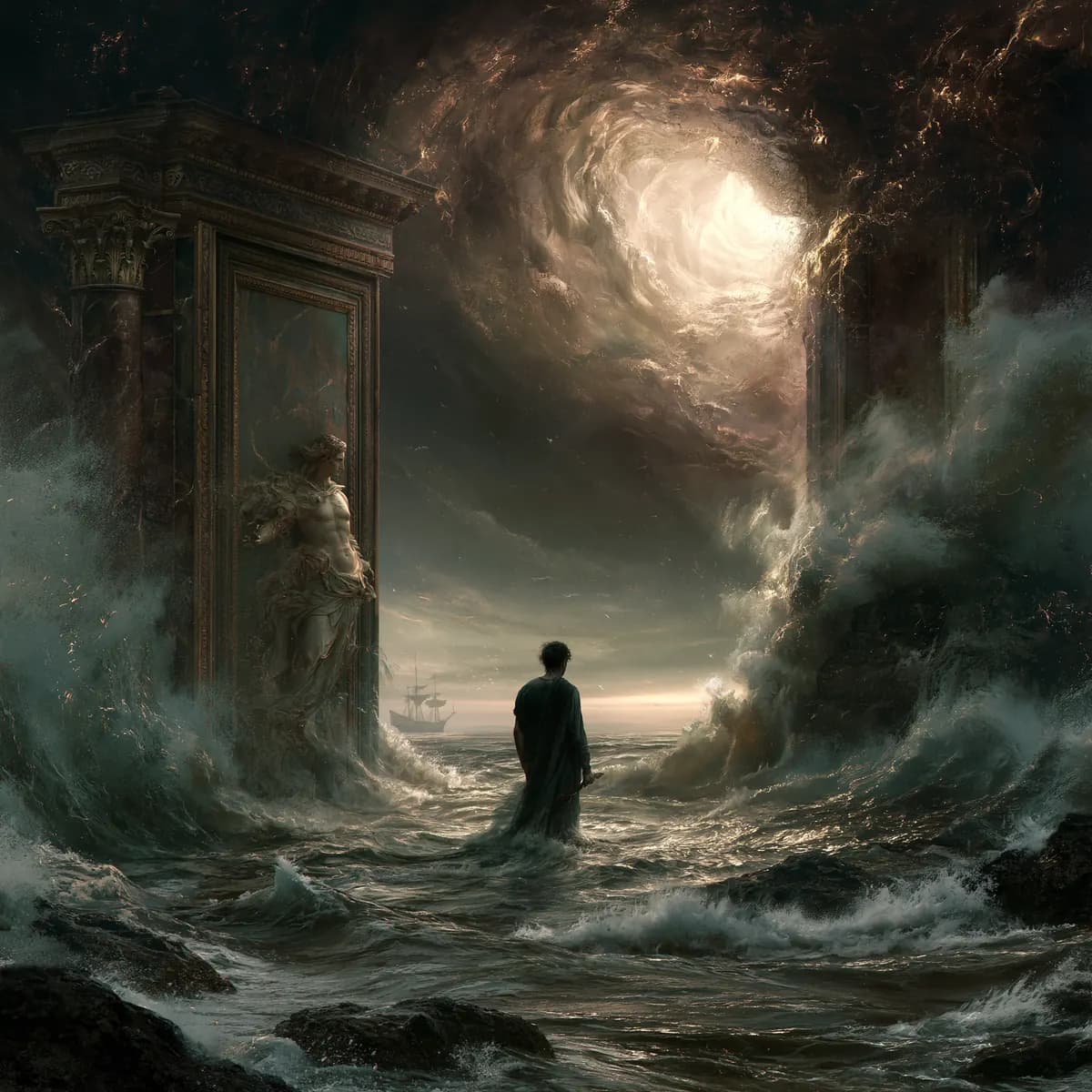 A solitary figure facing the sea beneath a luminous vortex