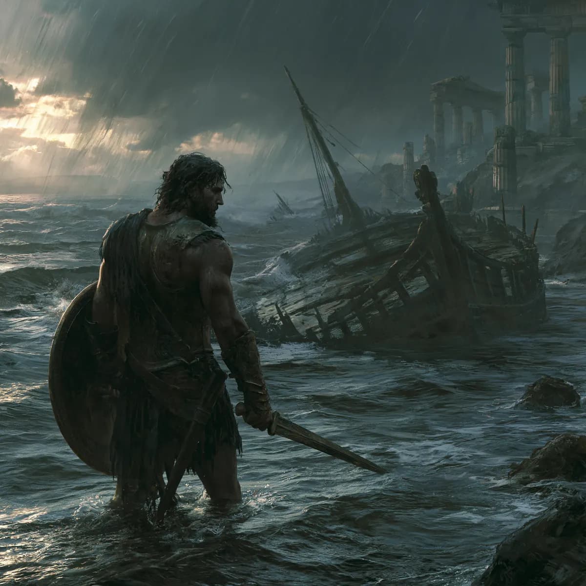A voyager at the shore beside a wrecked ship in the rain