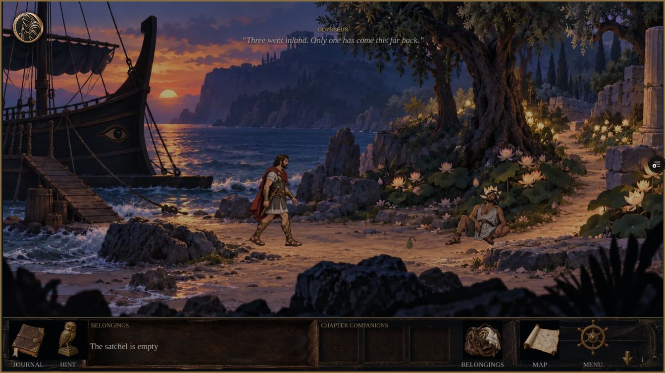 Odysseus approaching a missing sailor on the Lotus shore in point-and-click mode