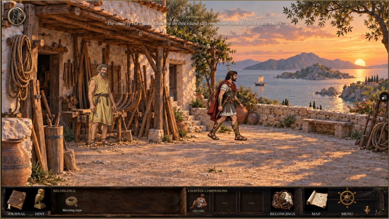 Odysseus meeting the boatbuilder at the island workshop in point-and-click mode
